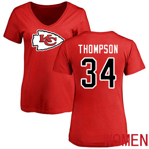 Women Football Kansas City Chiefs #34 Thompson Darwin Red Name and Number Logo Slim Fit T-Shirt->nfl t-shirts->Sports Accessory
